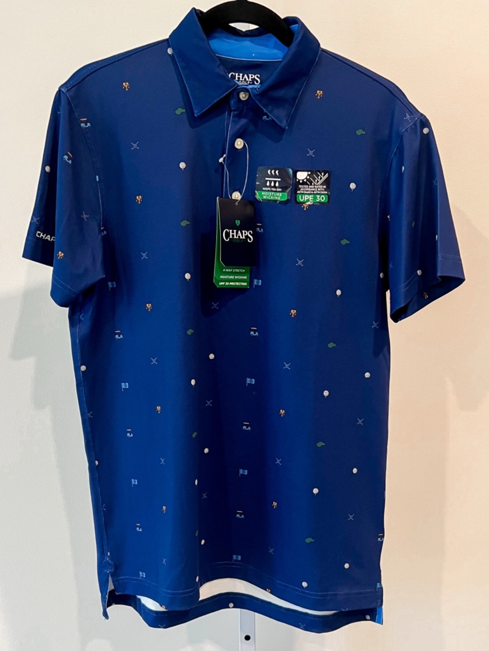 NWT Chaps Blue Golf Icon Pattern Performance Golf Polo Shirt Mens Sz Small